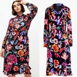 💐 J Crew tie neck midnight Dutch floral ruffle midi dress black watercolor 00